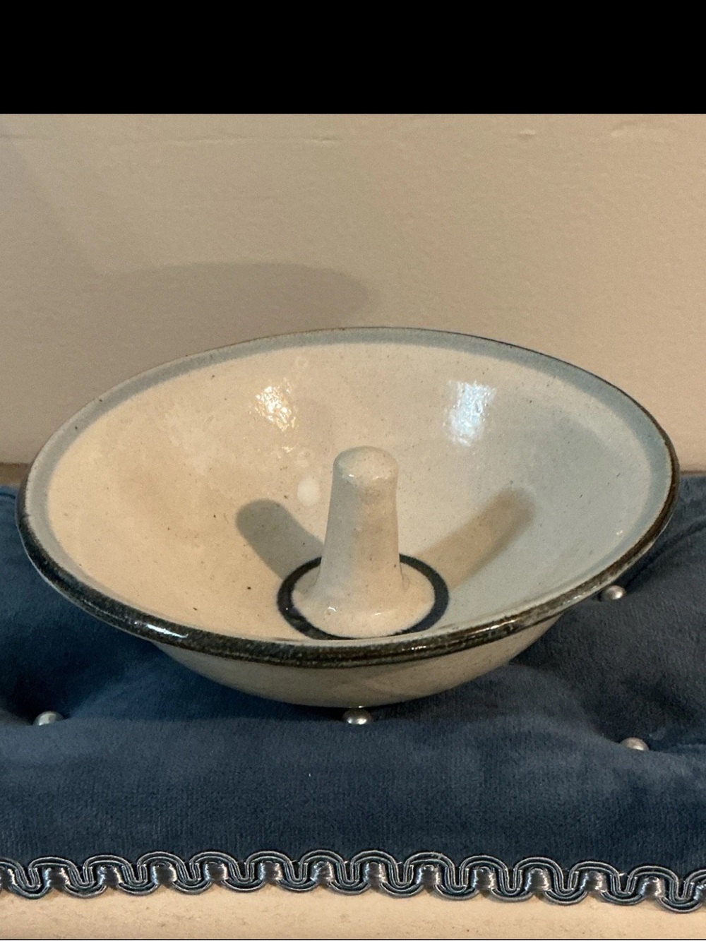 Handmade Ceramic Pottery Apple Cooker or Ring Holder Dish Cream  and Blue NEW